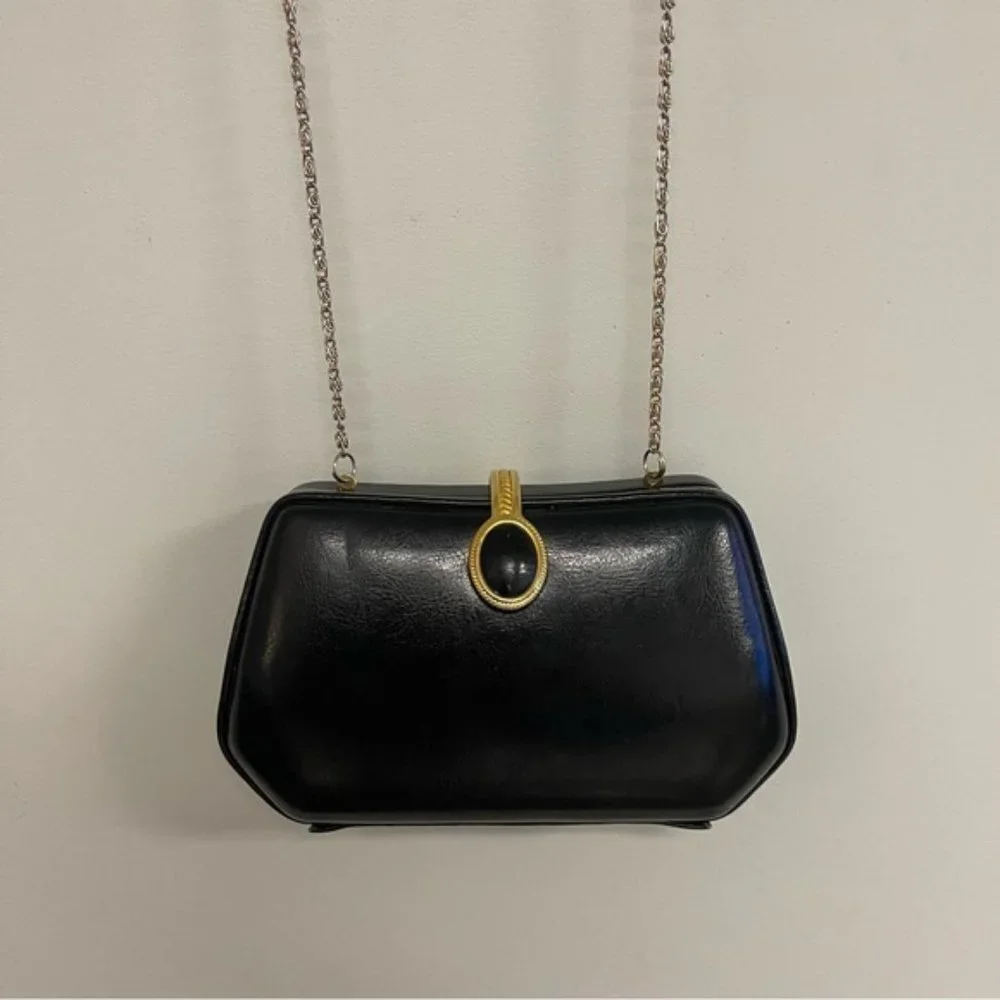 Vintage Farnell Paris Clutch Evening‎ Crossbody Bag Black Gold 1980s Solid Purse
